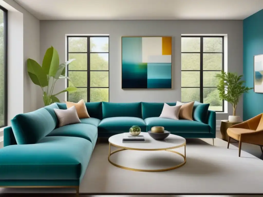 Salón moderno renovado en tonos azules y verdes, con luz natural Renovado salón con tonos azules y verdes, sofá lujoso y arte contemporáneo, bañado en luz natural y vista al jardín