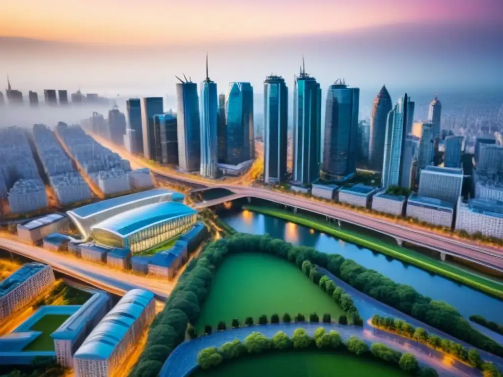 Metrópolis vibrante: skyline moderno y vida urbana activa Rentabilidad en desarrollos inmobiliarios áreas metropolitanas: Ciudad vibrante con rascacielos, parques y calles llenas de vida