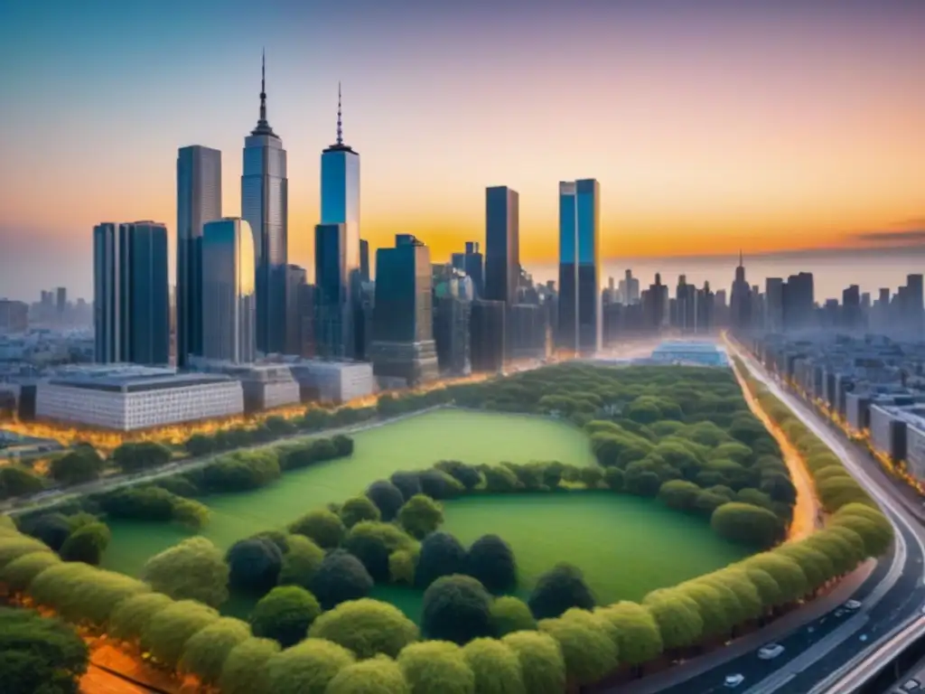 Metrópolis moderna: luces, arquitectura y prosperidad Rentabilidad en desarrollos inmobiliarios de áreas metropolitanas: Una ciudad vibrante con rascacielos modernos reflejando el atardecer