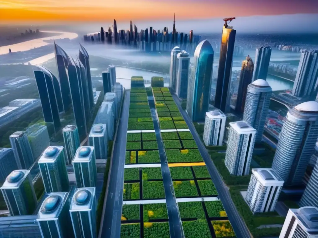 Metrópolis sostenible: arquitectura verde en atardecer dorado Rentabilidad edificaciones sostenibles internacionales: Ciudad futurista con rascacielos verdes brillando bajo atardecer dorado