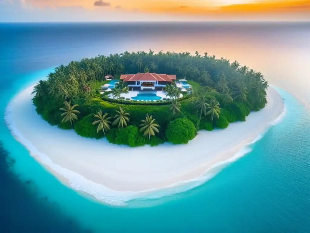 Paraíso privado: isla de lujo con villas y piscinas infinitas Rentabilidad alquiler isla privada: Vista aérea de una isla privada de lujo con aguas turquesas cristalinas, villas elegantes y playa de arena blanca