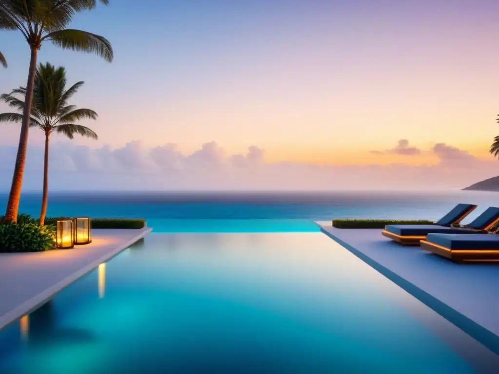 Villa de lujo frente al mar al atardecer con piscina infinita privada Rentabilidad villa vacacional internacional: Villa moderna en la playa con piscina infinita y vista al mar al atardecer