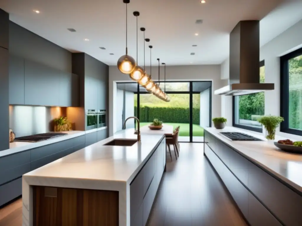 Renovación de cocina de lujo con mármol blanco y vistas al jardín Renovación rentable mercado inmobiliario internacional: Cocina de lujo con mármol blanco y electrodomésticos de acero inoxidable