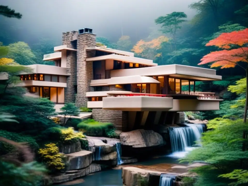 Exterior impactante de Fallingwater House por Frank Lloyd Wright Residencia de arquitectura premiada internacional integrada armoniosamente con la naturaleza en Fallingwater House
