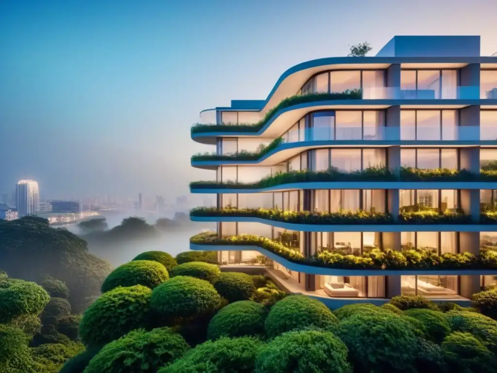 Edificio residencial futurista en entorno urbano Residencia futurista con diseño vanguardista en entorno urbano, resaltando innovación en marketing inmobiliario personalizado internacional