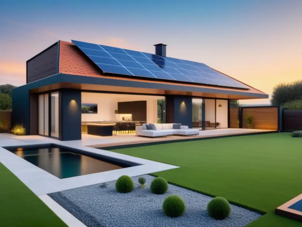Hogar inteligente del futuro con tecnologías ecoeficientes Residencia futurista con tecnología energética avanzada y jardín sostenible al atardecer