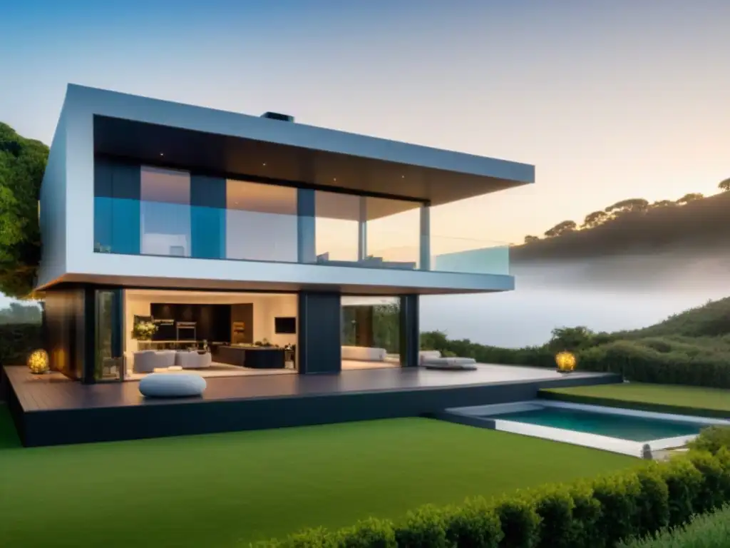 Casa inteligente futurista: lujo, tecnología y sostenibilidad Residencia futurista con tecnología de vanguardia y diseño minimalista, representando el marketing inmobiliario internacional personalizado