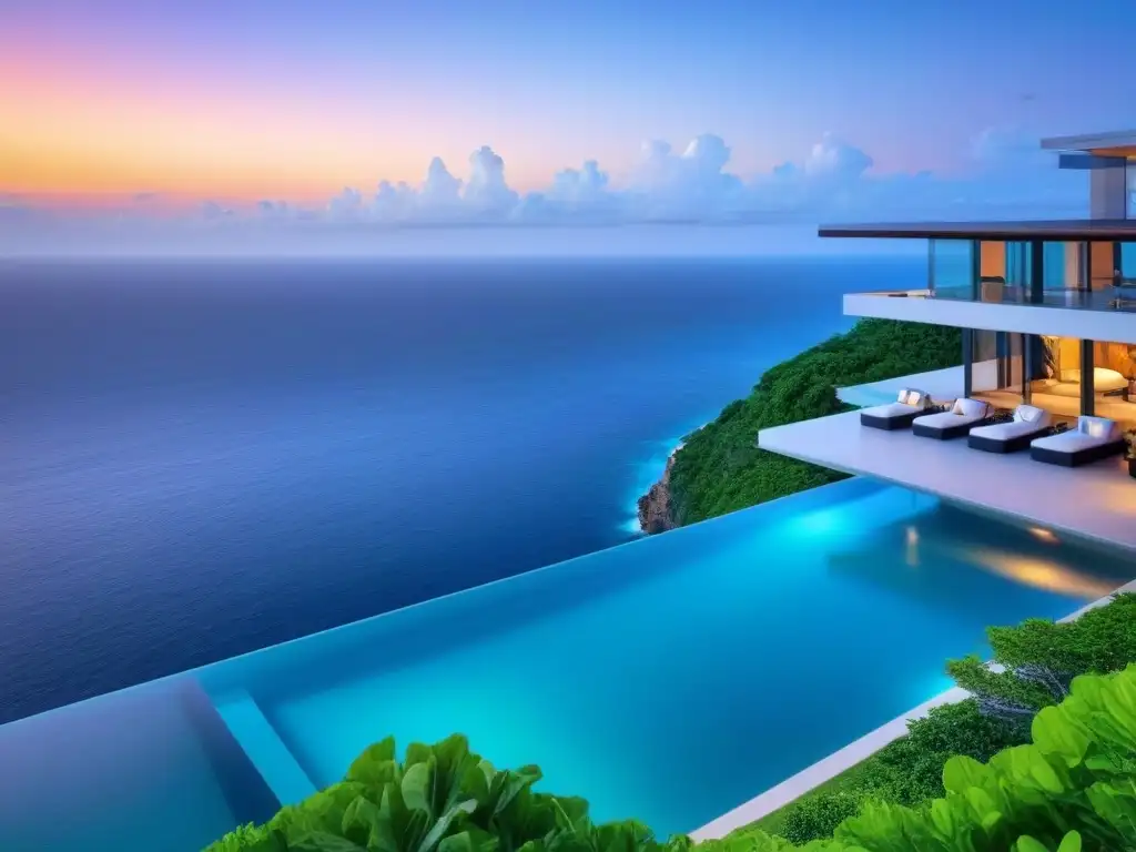 Residencia de lujo en acantilado: diseño moderno con vista al mar Residencia de lujo en acantilado con vistas al mar turquesa, reflejando atardecer
