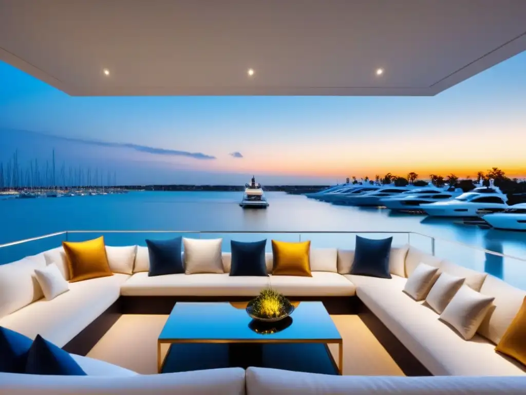 Residencia de lujo frente al mar con yates en marina privada Residencia de lujo con acceso a marinas privadas, arquitectura moderna y vista panorámica al atardecer