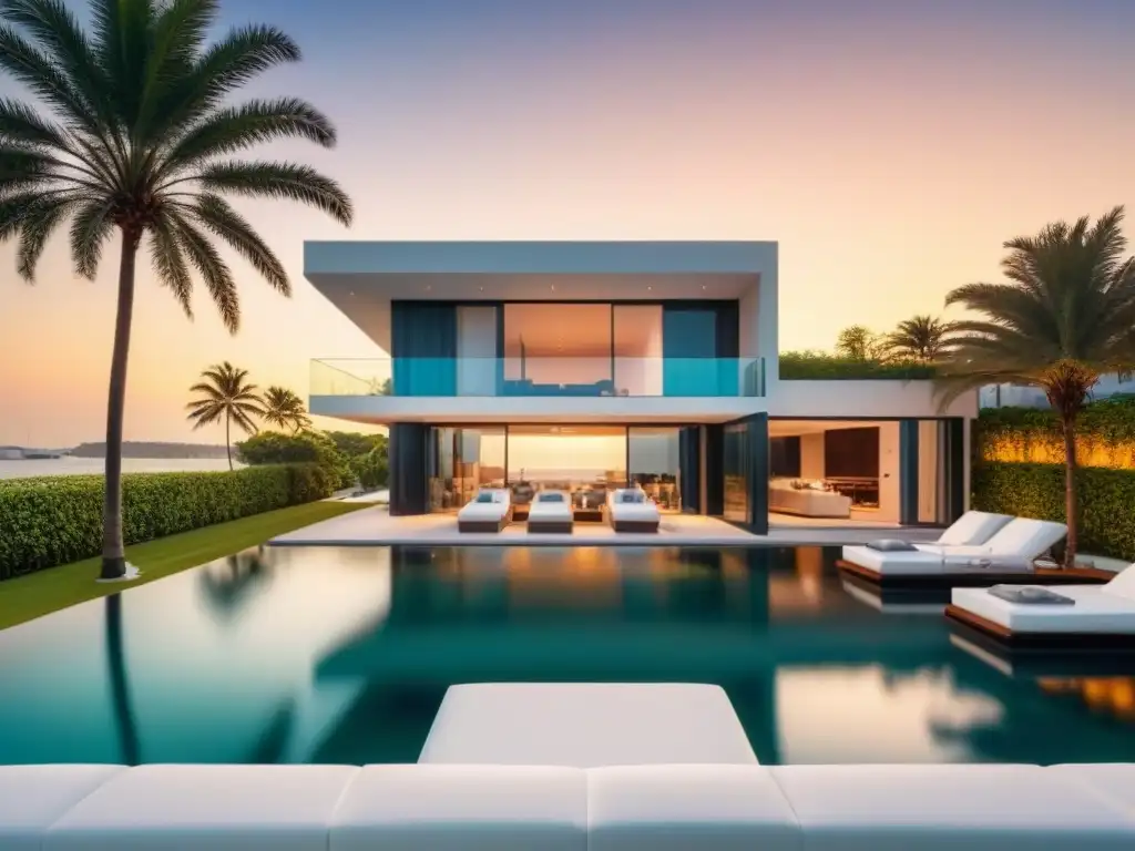 Mansión de lujo frente al mar con marina privada y vistas panorámicas Residencia de lujo con acceso a marinas privadas, jardín exuberante y vistas al mar, bañada en la cálida luz dorada