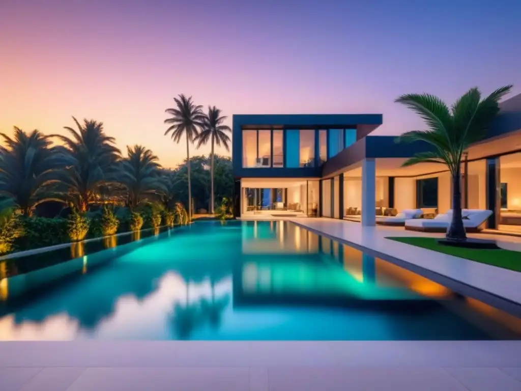 Residencia de lujo con diseño arquitectónico moderno y piscina al atardecer Residencia de lujo con diseño arquitectónico moderno y soluciones de seguridad para propiedades de lujo