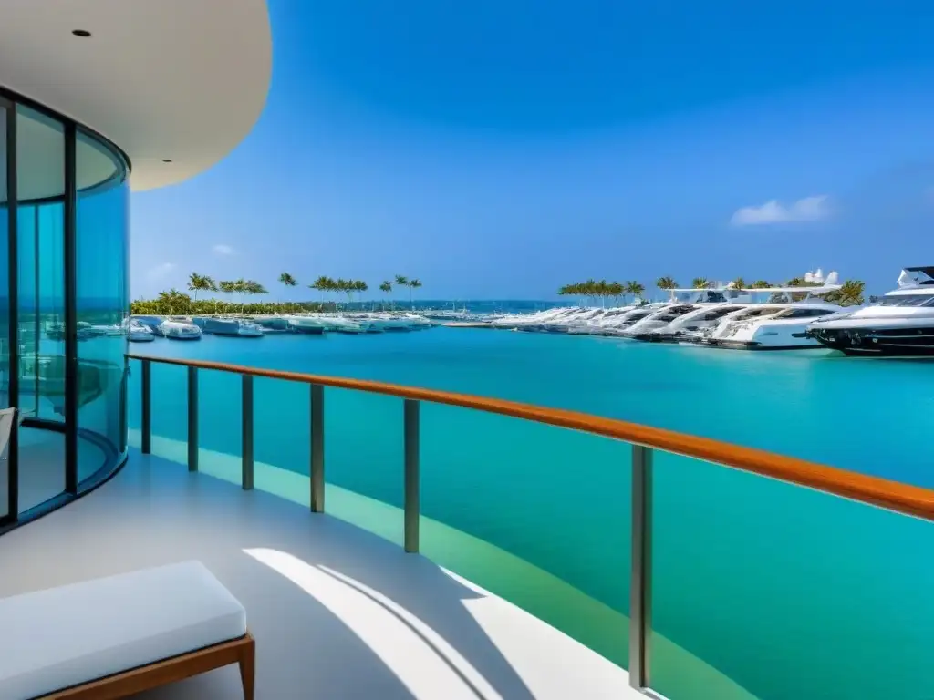 Residencia de lujo frente al mar con diseño arquitectónico moderno Residencia de lujo con diseño arquitectónico moderno frente al agua, terraza espaciosa con muebles elegantes y vistas a marina privada