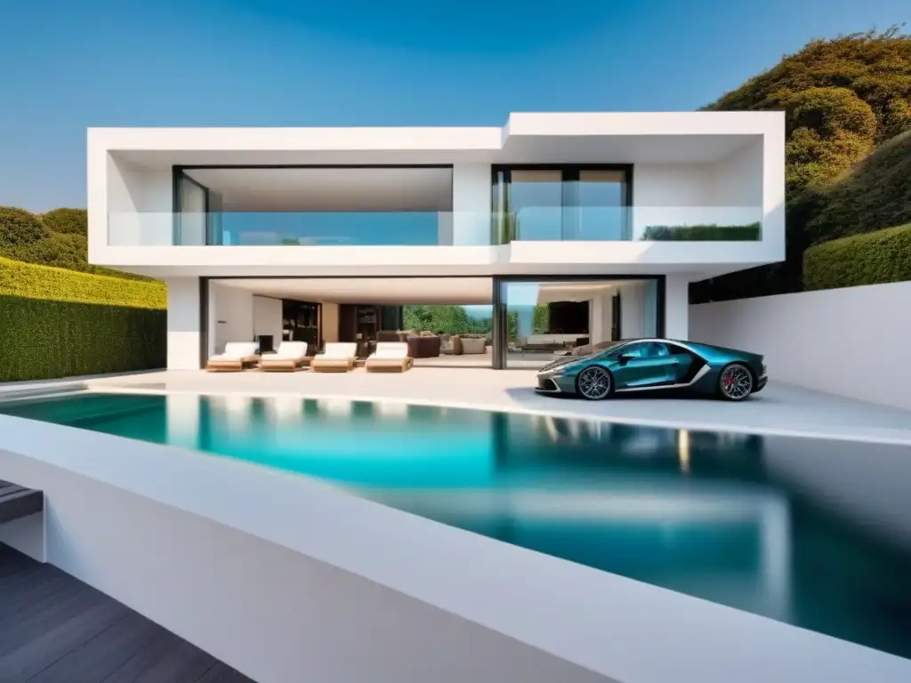 Residencia de lujo: diseño moderno y exclusivo con piscina Residencia de lujo con diseño minimalista, piscina y auto en el camino