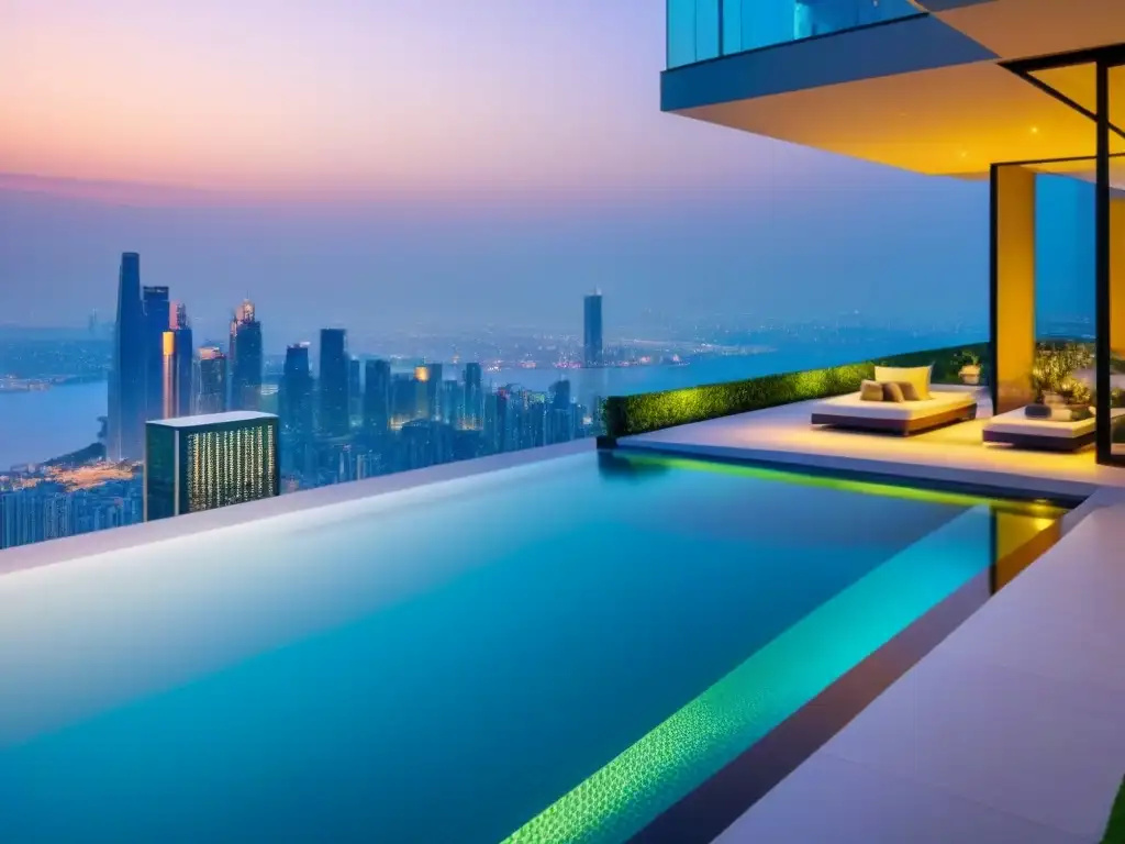 Mansión de lujo con vistas panorámicas y diseño vanguardista en la ciudad Residencia de lujo con diseño vanguardista y vistas panorámicas de la ciudad al atardecer