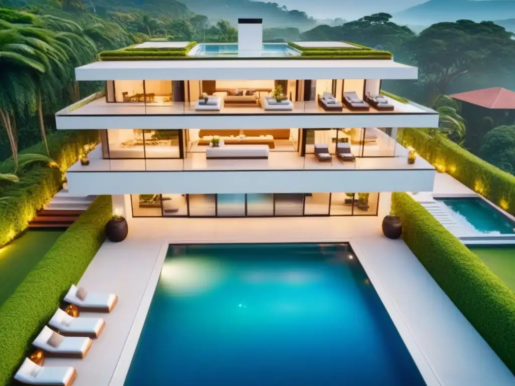 Residencia de lujo con helipuerto al atardecer Residencia de lujo con jardines exuberantes y piscina, arquitectura moderna y helipuerto al atardecer