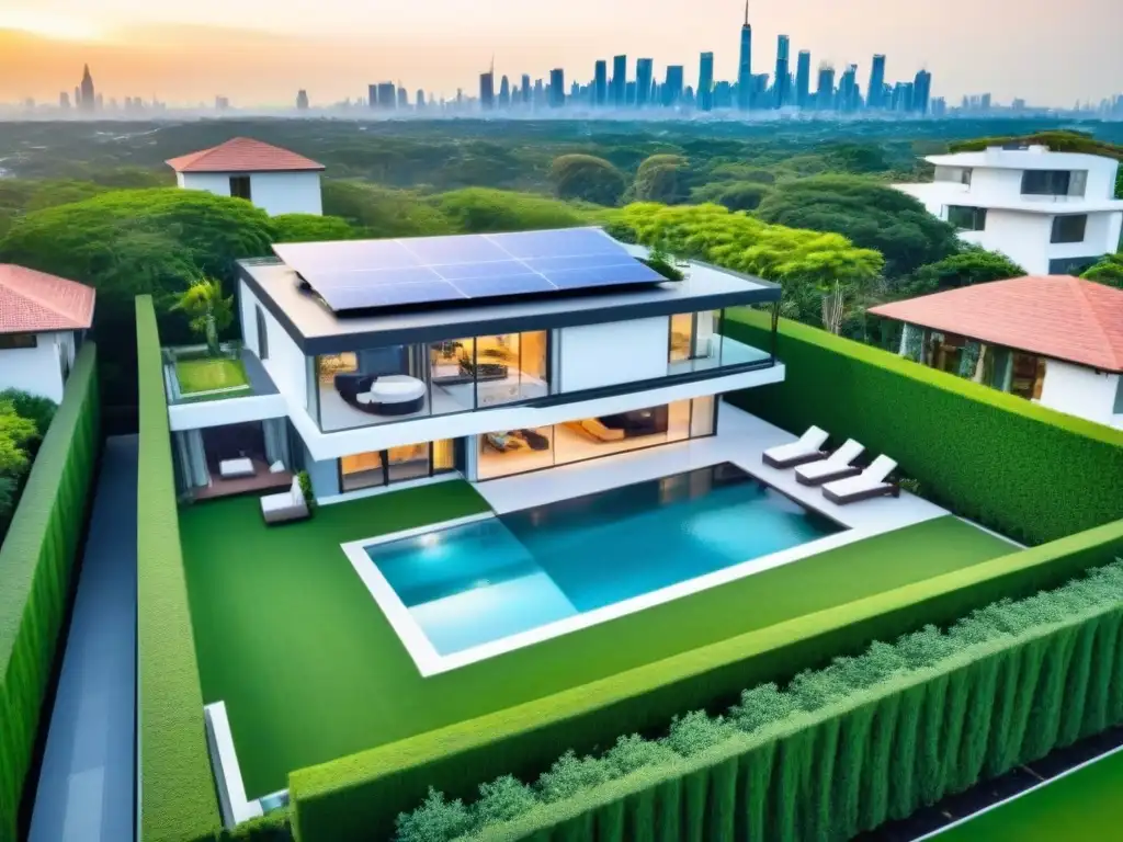 Mansión de lujo con vistas: drone revela arquitectura moderna y tecnología Residencia de lujo con jardines exuberantes, piscina reluciente y diseño arquitectónico moderno