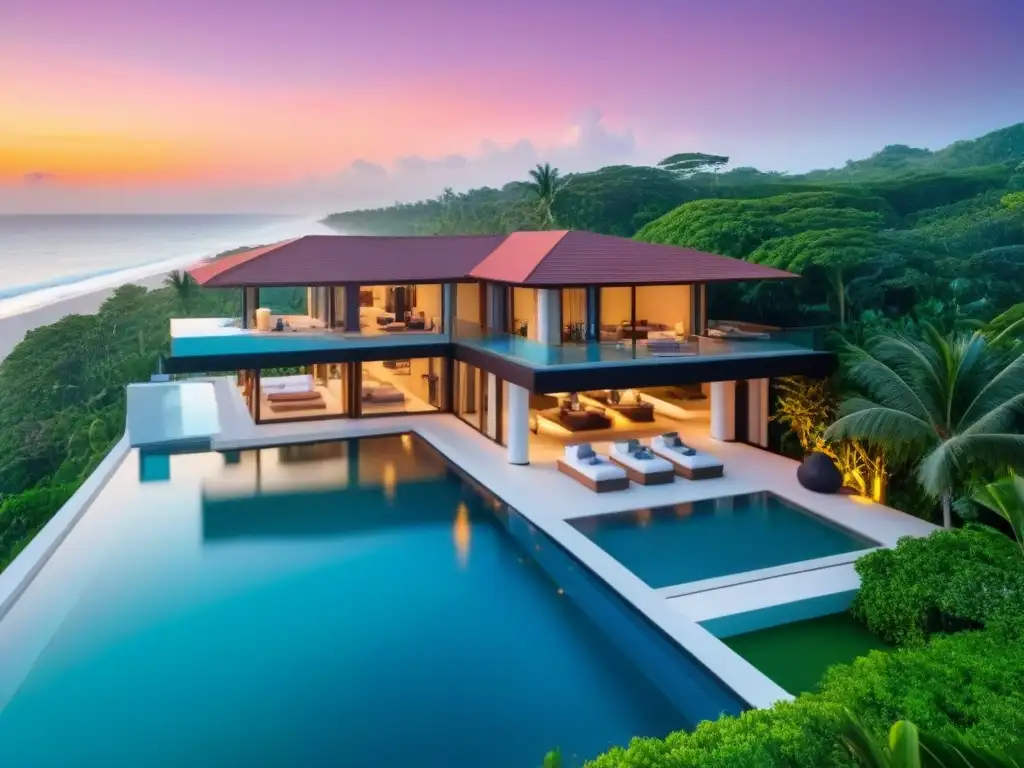 Villa de lujo frente al mar al atardecer: diseño moderno, piscina infinita y vistas panorámicas Residencia de lujo frente a la playa al atardecer, con diseño moderno, piscina infinita y vistas al mar