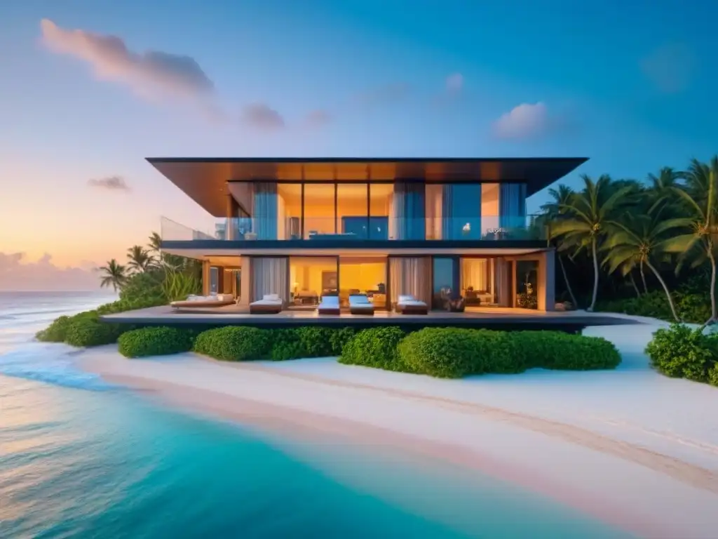 Propiedad de lujo frente a la playa al atardecer: diseño moderno con piscina infinita privada Residencia de lujo frente a la playa al atardecer, con diseño moderno y piscina infinita privada