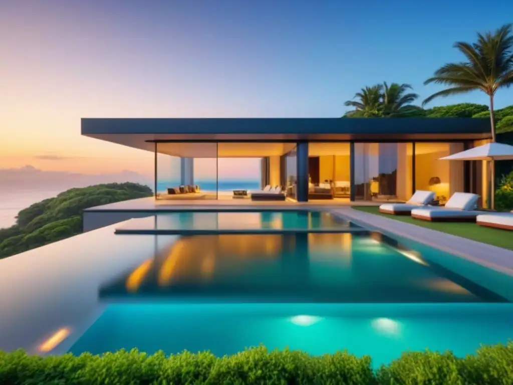 Mansión de lujo con vista al mar turquesa al atardecer Residencia de lujo frente a playa turquesa al atardecer, con piscina infinita y arquitectura moderna