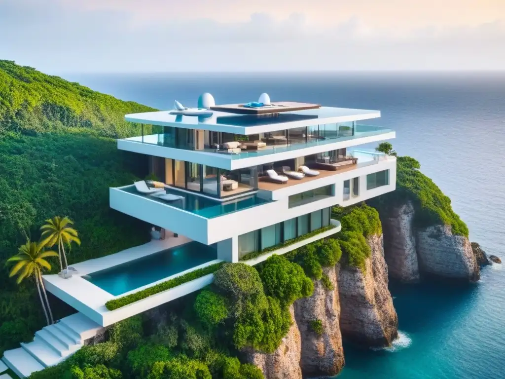 Mansión de lujo futurista en acantilado con vista al mar Residencia de lujo futurista en acantilado con piscina infinita y vista al mar