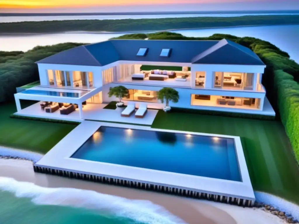 Villa de lujo en los Hamptons al atardecer Residencia de lujo en las Hamptons con vistas al mar, piscina infinita y jardines exquisitos al atardecer
