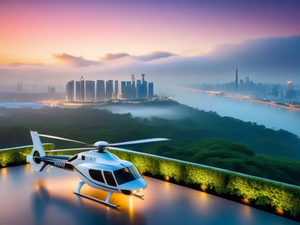 Residencia de lujo con helipuerto en un entorno exclusivo Residencia de lujo con helipuerto en medio de exuberante vegetación y una ciudad brillante al atardecer