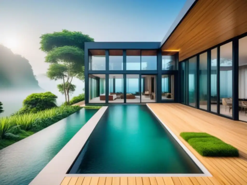 Mansión ecológica de lujo con vistas panorámicas y diseño sostenible Residencia ecológica de lujo integrada con la naturaleza, diseño moderno y materiales sostenibles, piscina infinita y jardín exuberante