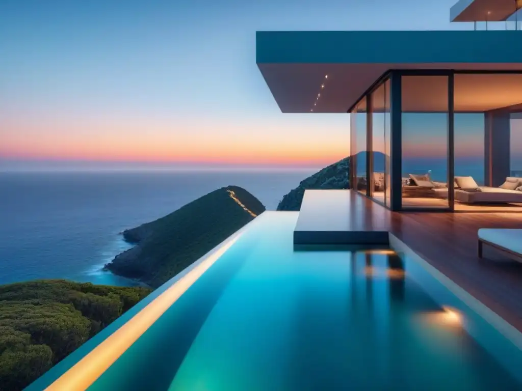 Propiedad de lujo moderna en acantilado con piscina infinita Residencia de lujo internacional sobre acantilado, con piscina infinita y vista al mar turquesa al atardecer