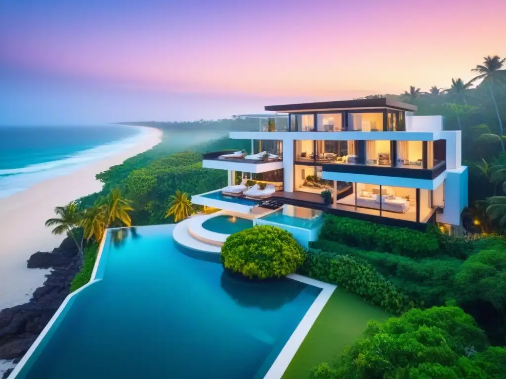 Mansión de lujo frente al mar al atardecer Residencia de lujo internacional con arquitectura moderna, piscina infinita y vista al mar al atardecer, rodeada de exuberante vegetación