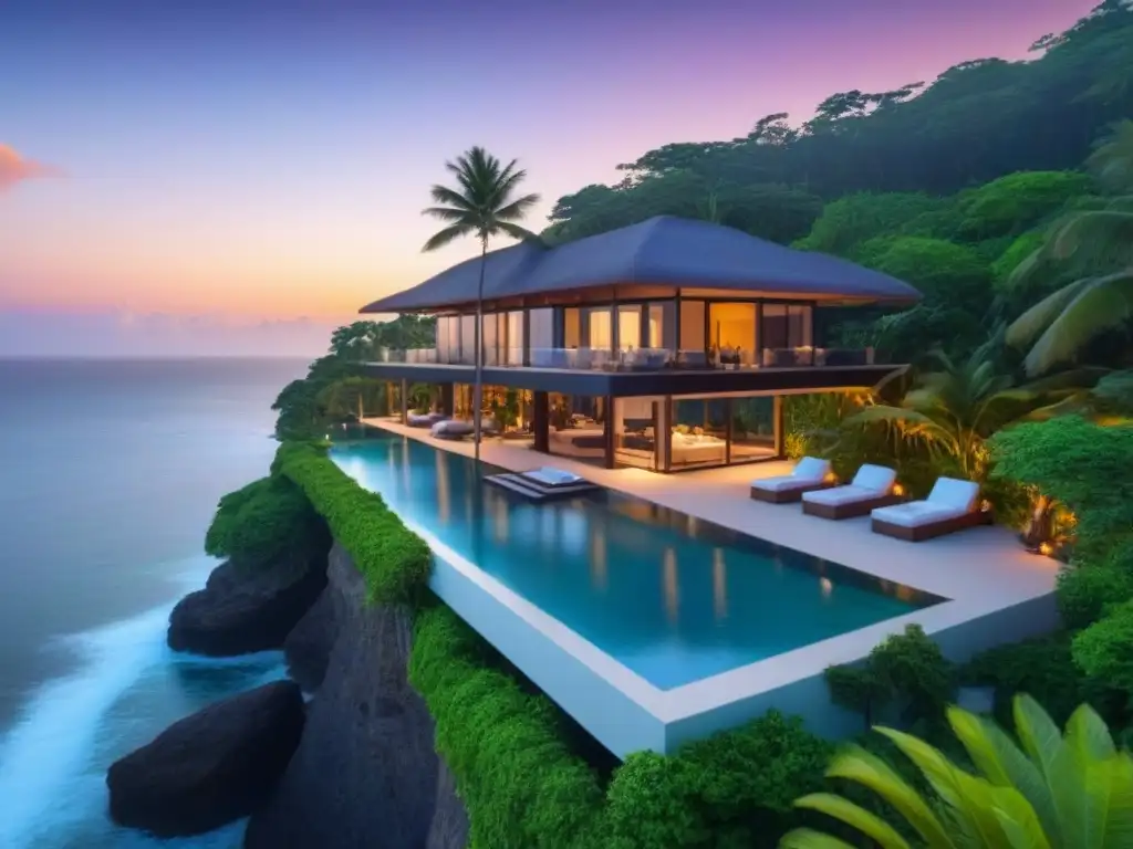 Villa de lujo frente al mar: arquitectura contemporánea y piscina infinita Residencia de lujo internacional con piscina infinita privada y vistas al mar al atardecer