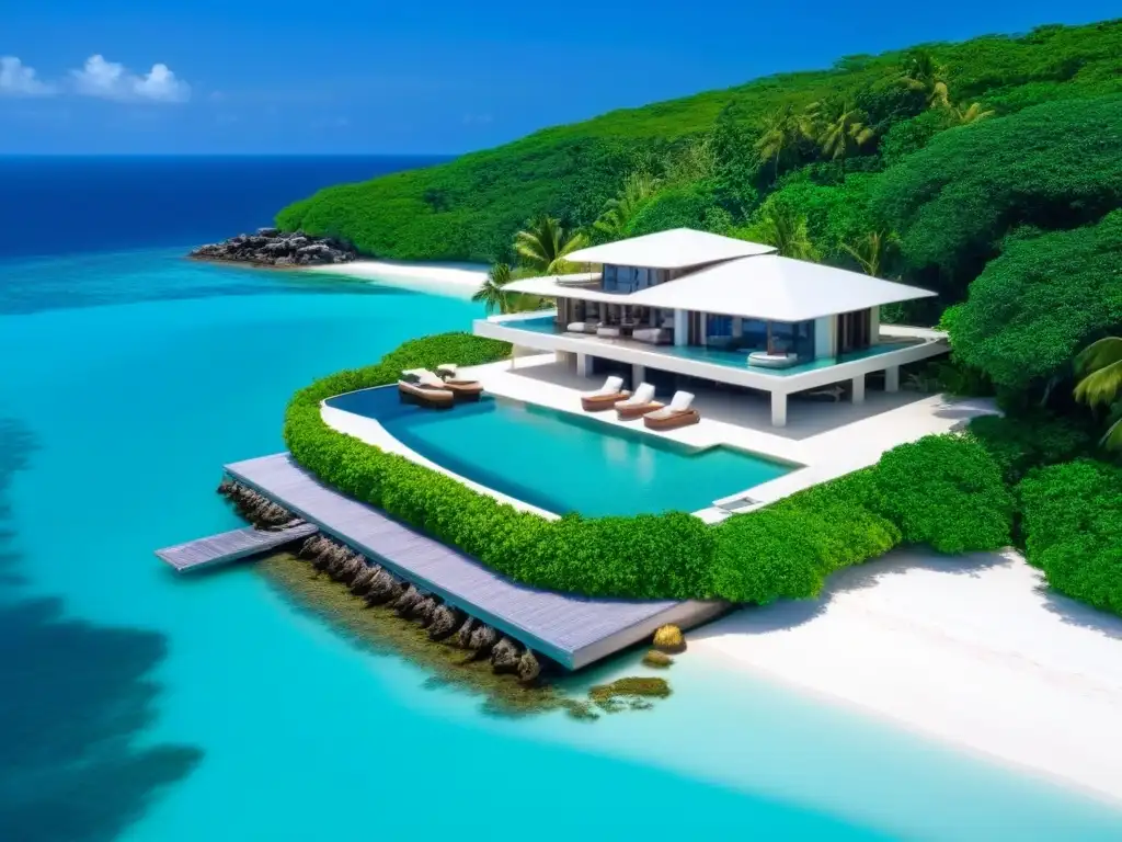 Paraíso exclusivo: isla privada de lujo con vistas panorámicas al mar Residencia de lujo en isla privada rodeada de aguas turquesas y playas de arena blanca
