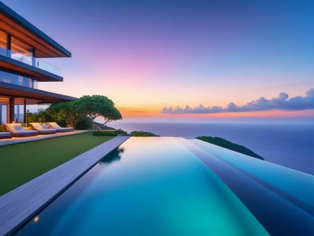 Villa de lujo en isla privada: atardecer en paraíso Residencia de lujo en isla privada, rodeada de aguas turquesa bajo un cielo vibrante al atardecer