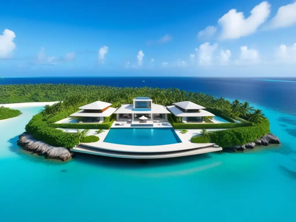 Isla privada de lujo: arquitectura moderna con piscina infinita en aguas turquesas Residencia de lujo en isla privada rodeada de aguas turquesas, piscina infinita, helipuerto y atardecer dorado