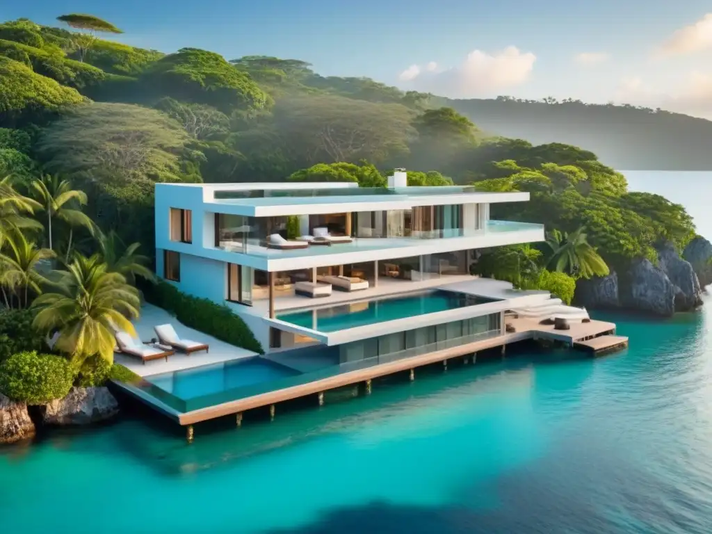 Residencia de lujo frente al mar: sofisticación y exclusividad Residencia de lujo frente al mar con arquitectura moderna, rodeada de vegetación exuberante y aguas turquesa cristalinas al atardecer