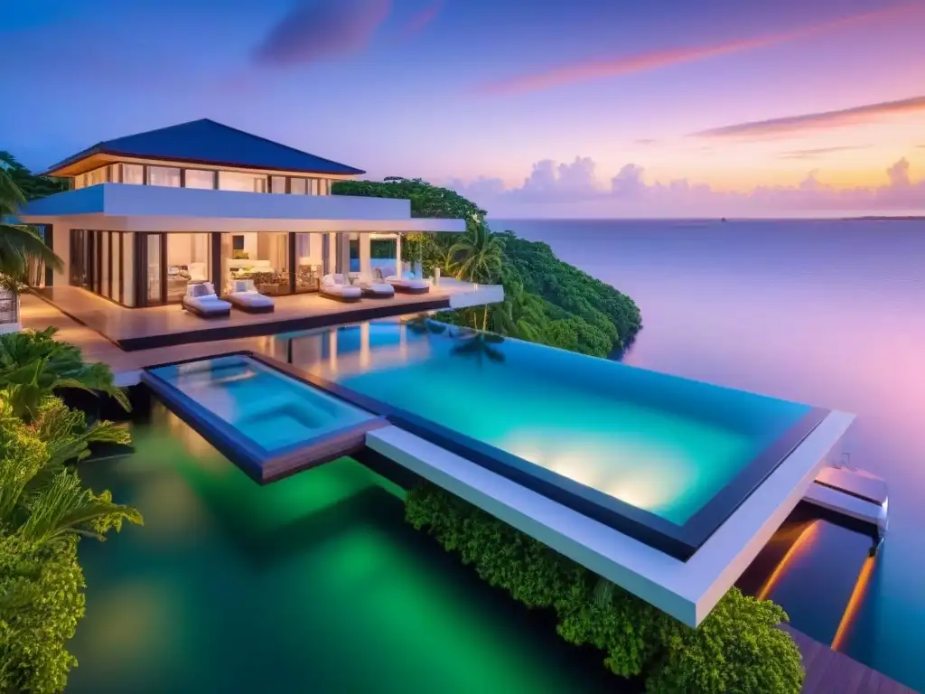 Villa de lujo frente al mar al atardecer: opulencia y exclusividad Residencia de lujo frente al mar al atardecer con arquitectura moderna, piscina infinita y exuberante paisajismo