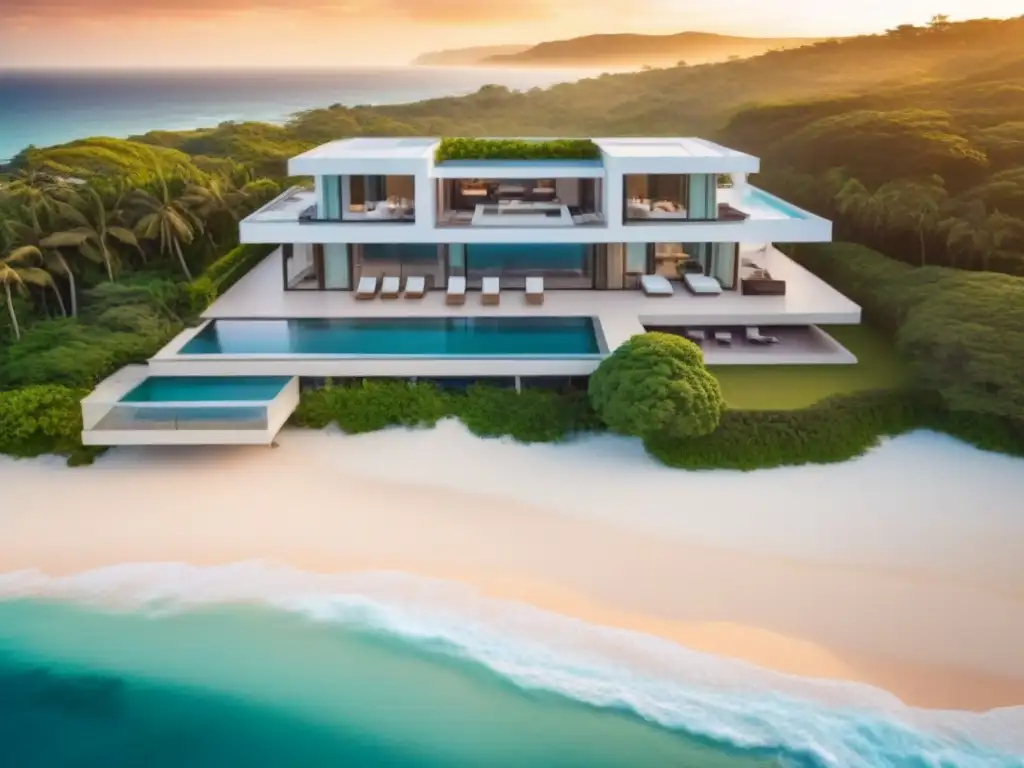 Propiedad de lujo frente a la playa al atardecer Residencia de lujo frente al mar al atardecer con arquitectura moderna y piscina infinita, reflejando el éxito en bienes raíces internacionales