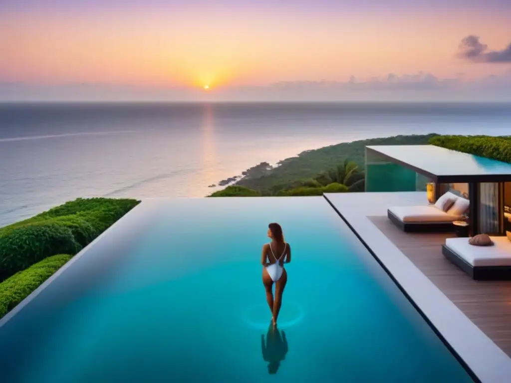 Residencia de lujo frente al mar al atardecer Residencia de lujo frente al mar con diseño moderno, piscina infinita y pareja disfrutando vino al atardecer