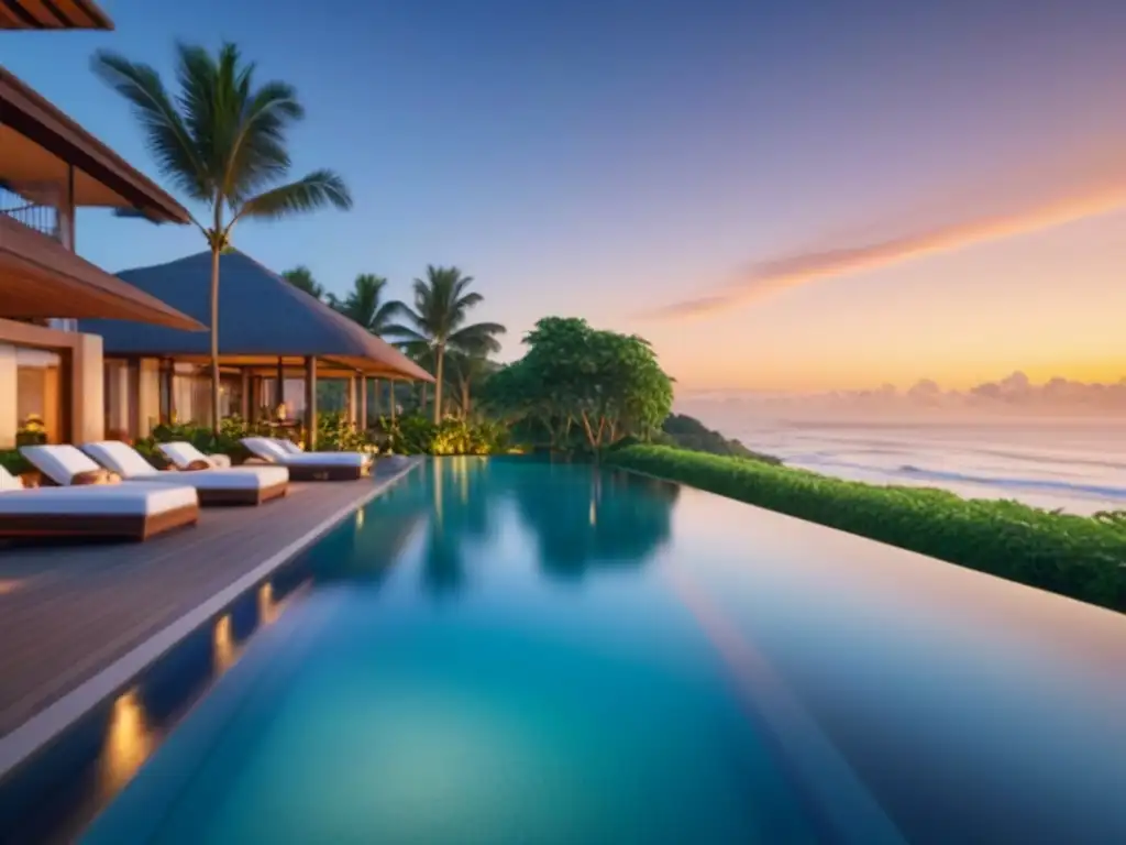 Propiedad de lujo en la playa al atardecer Residencia de lujo frente al mar, con diseño moderno y piscina infinita privada