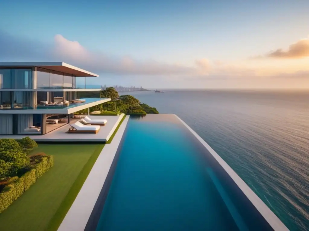 Propiedad de lujo frente al mar: diseño moderno y elegancia dorada Residencia de lujo frente al mar con piscina infinita, ventanas panorámicas y exuberante jardín, bañada en luz dorada