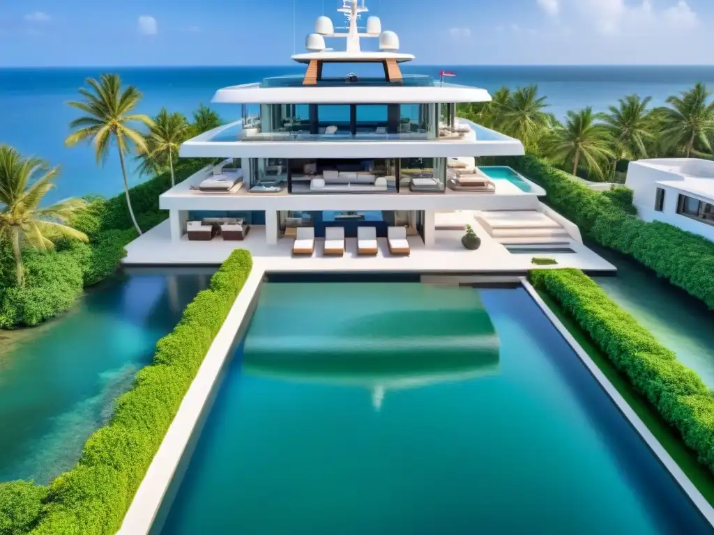 Residencia de lujo frente al mar con piscina infinita y muelle privado, reflejando la opulencia