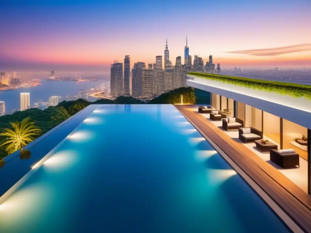 Residencia de lujo en la ciudad al atardecer Residencia de lujo con moderna arquitectura y vistas a la ciudad al atardecer
