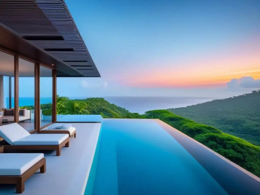 Residencia de lujo moderna con diseño arquitectónico elegante, rodeada de vegetación exuberante y vista al mar turquesa