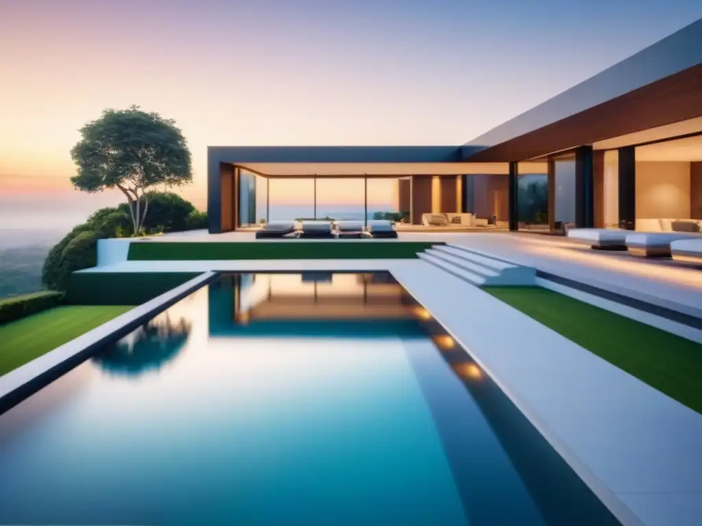 Residencia de lujo: modernidad y elegancia en 8k Residencia de lujo moderna con piscina infinita y jardines exuberantes, ideal para compradores de propiedad de lujo
