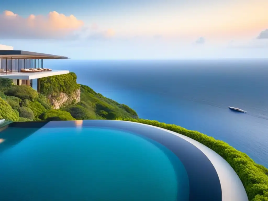 Mansión de lujo en acantilado con vista al mar cristalino Residencia de lujo moderna con vista al mar, piscina infinita y jardines cuidados