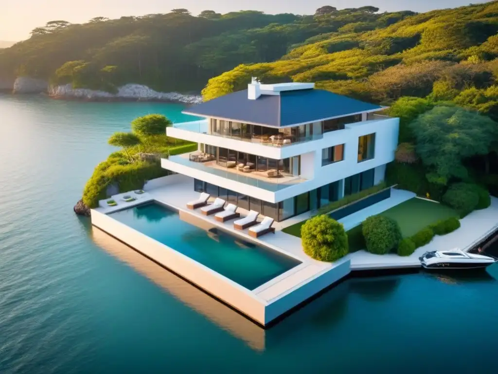 Residencia de lujo frente al mar en América del Norte Residencia de lujo en Norteamérica: diseño moderno, piscina infinita, jardín y muelle privado al atardecer