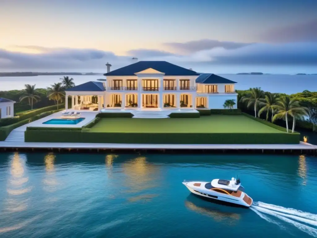 Residencia de lujo frente al mar en Norteamérica: opulencia y exclusividad Residencia de lujo en Norteamérica con muelle privado y yate, ilustrando la exclusividad de los mejores agentes inmobiliarios Norteamérica