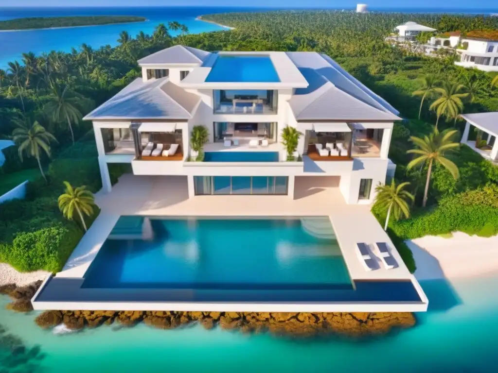 Propiedad de lujo frente al mar con piscina infinita en atardecer dorado Residencia de lujo con piscina infinita frente al mar al atardecer, ideal para inversionistas globales mercado inmobiliario