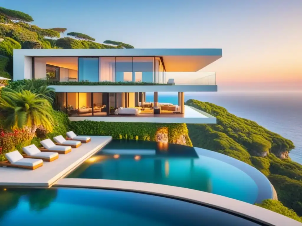 Residencia de lujo con piscina infinita en acantilado Residencia de lujo con piscina infinita y vistas al mar al atardecer