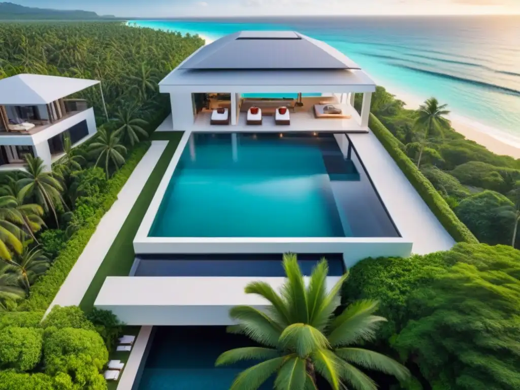 Residencia de lujo frente al mar: piscina infinita en paraíso tropical Residencia de lujo con piscina infinita frente al mar, diseño moderno y palmeras exóticas