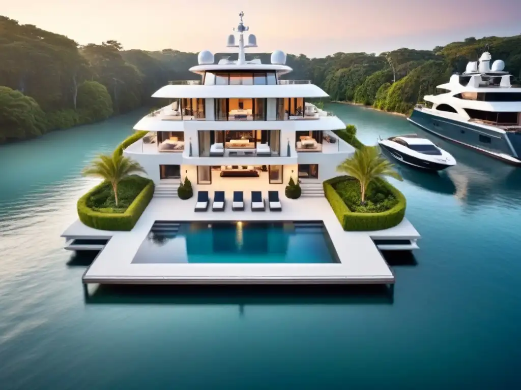 Mansión de lujo con piscina infinita y yate en atardecer Residencia de lujo en Norteamérica con piscina infinita y yate en el muelle al atardecer
